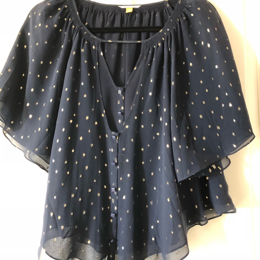 Anthropologie Navy Gold Flutter sleeve top